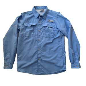 COLUMBIA PFG Bahama Blue Long Sleeve Youth Boy L 14 16 Omnishade Fishing Shirt